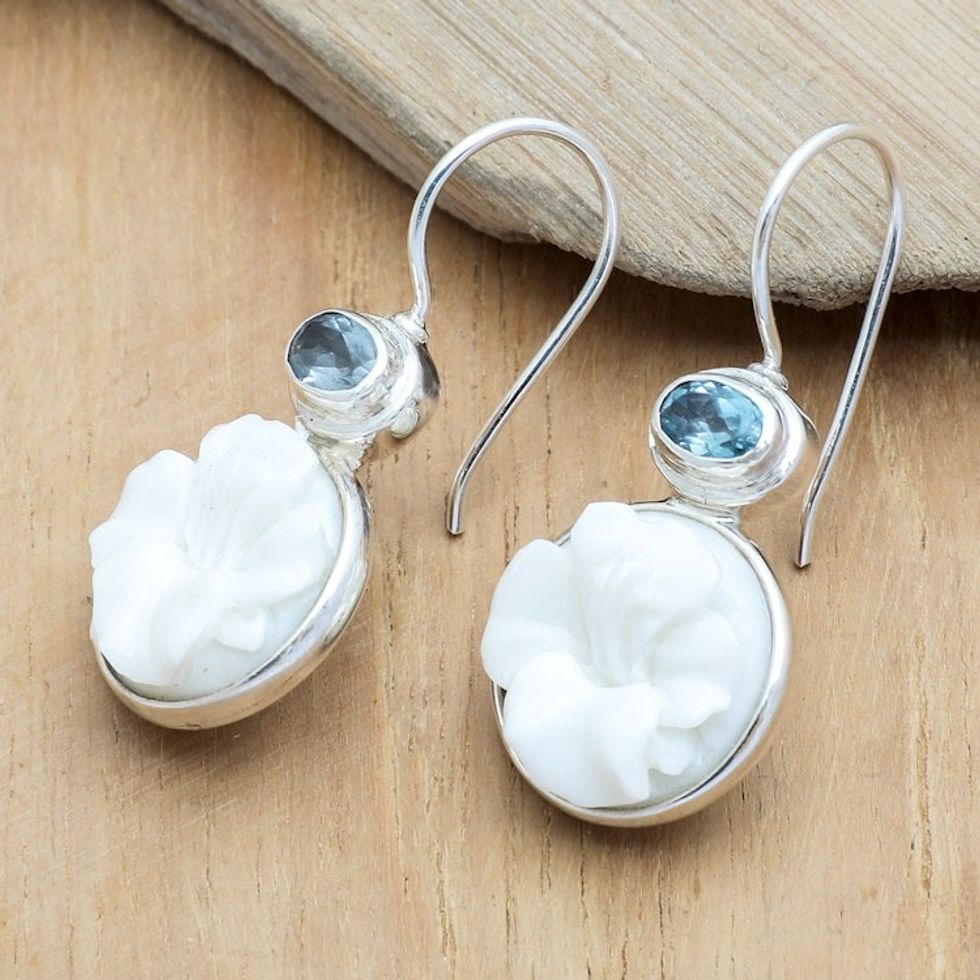 Floral Round Sterling Silver and Blue Topaz Dangle Earrings 'Loyal Hibiscus Bloom'