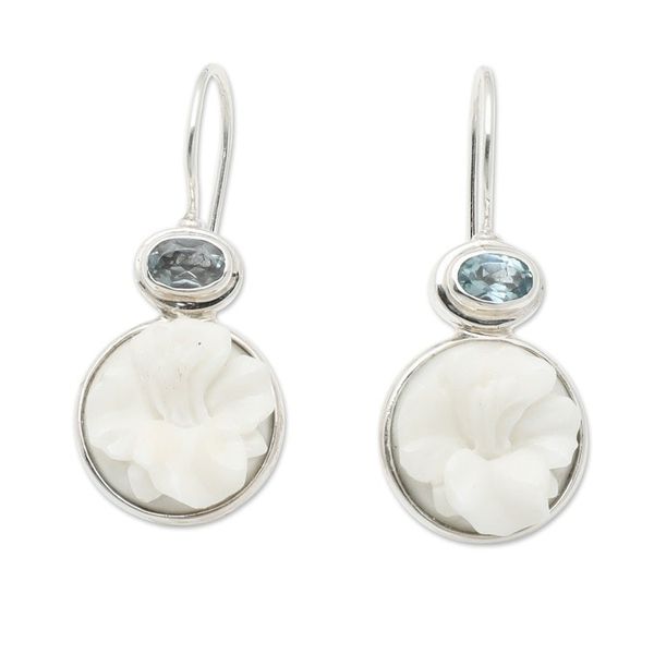 Alternate image for Floral Round Sterling Silver and Blue Topaz Dangle Earrings Loyal Hibiscus Bloom