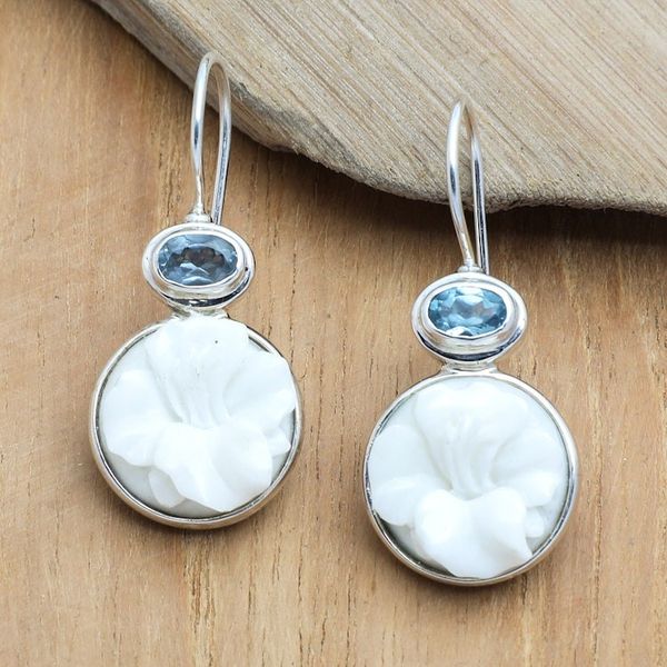 Alternate image for Floral Round Sterling Silver and Blue Topaz Dangle Earrings Loyal Hibiscus Bloom