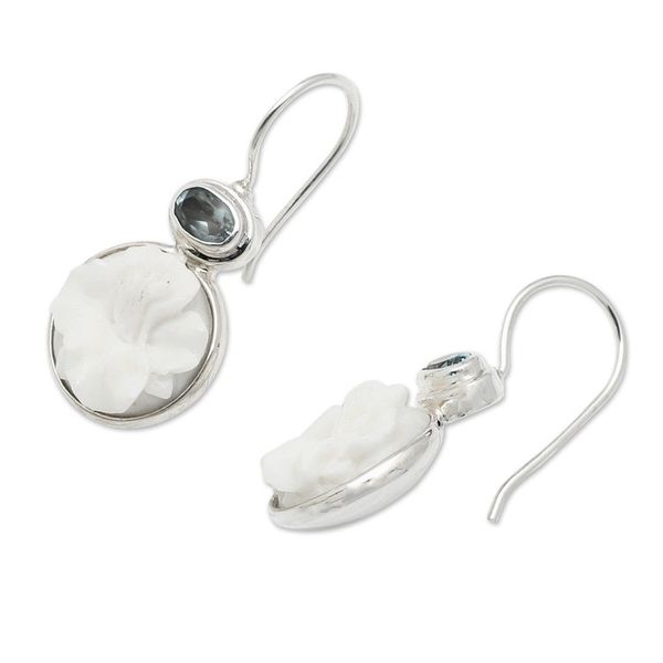 Alternate image for Floral Round Sterling Silver and Blue Topaz Dangle Earrings Loyal Hibiscus Bloom