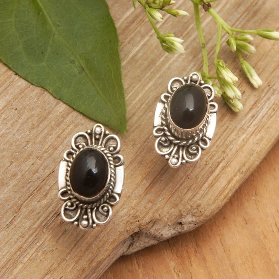Traditional Sterling Silver Onyx Button Earrings from Bali 'Supreme Night'