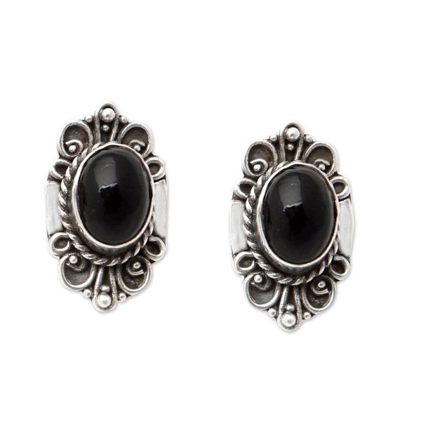 Alternate image for Traditional Sterling Silver Onyx Button Earrings from Bali Supreme Night