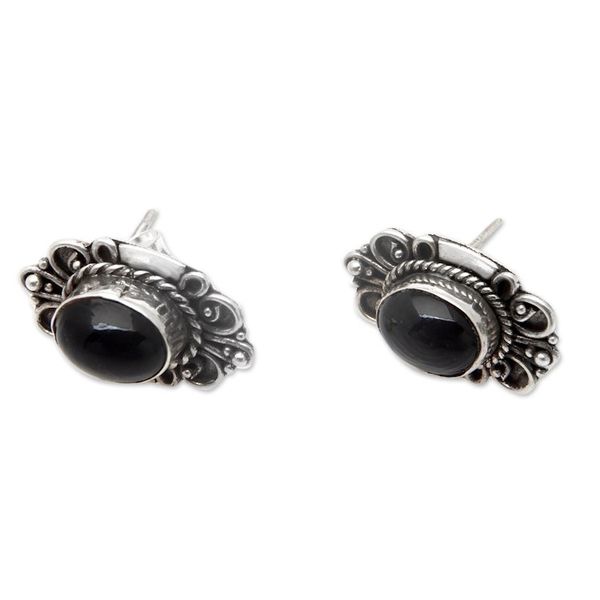 Alternate image for Traditional Sterling Silver Onyx Button Earrings from Bali Supreme Night