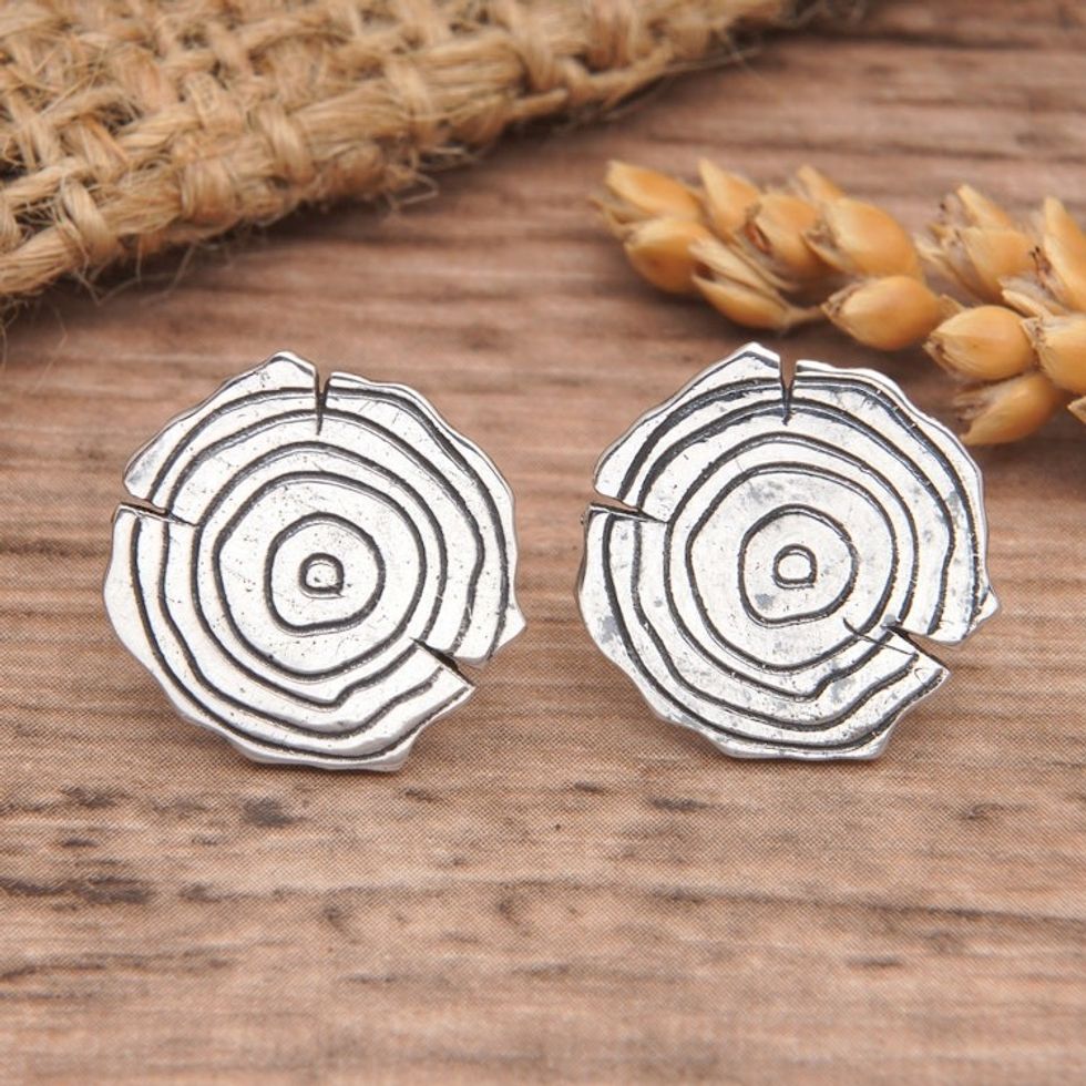 Sterling Silver Button Earrings with Wooden Log Motif 'Wooden Log'