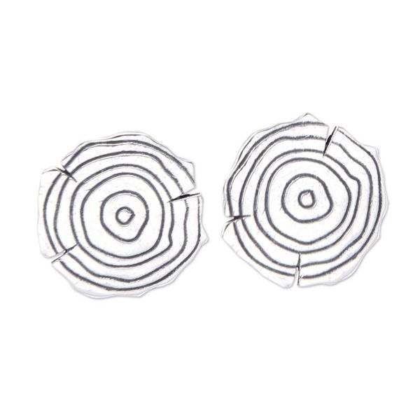 Alternate image for Sterling Silver Button Earrings with Wooden Log Motif Wooden Log