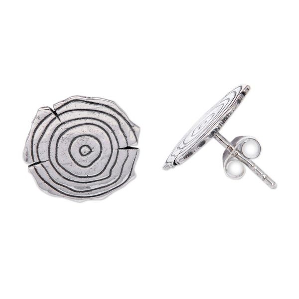 Alternate image for Sterling Silver Button Earrings with Wooden Log Motif Wooden Log