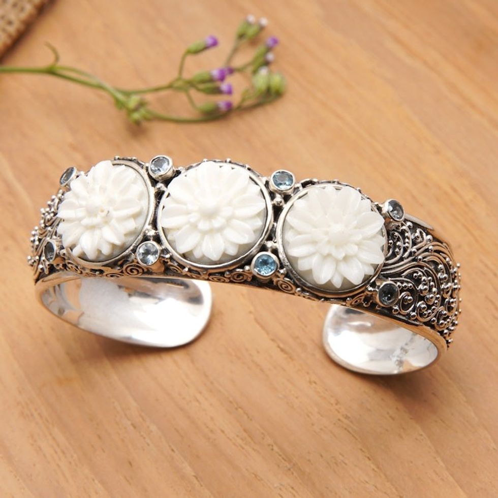 Lotus-Themed Sterling Silver and Blue Topaz Cuff Bracelet 'Loyal Lotus for Brahma'