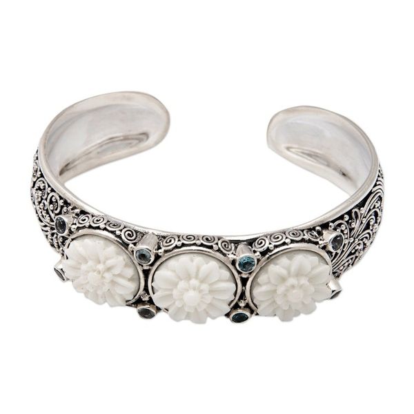 Alternate image for Lotus-Themed Sterling Silver and Blue Topaz Cuff Bracelet Loyal Lotus for Brahma