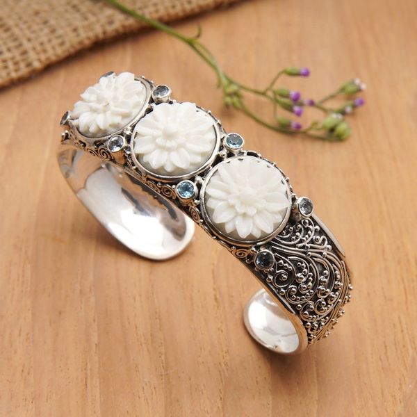 Alternate image for Lotus-Themed Sterling Silver and Blue Topaz Cuff Bracelet Loyal Lotus for Brahma