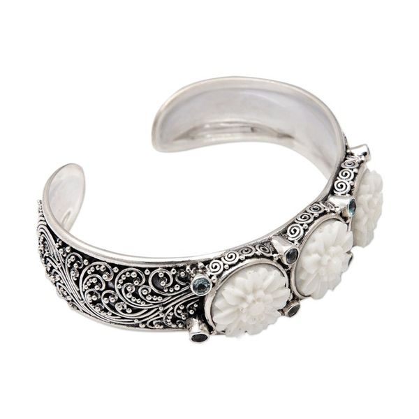 Alternate image for Lotus-Themed Sterling Silver and Blue Topaz Cuff Bracelet Loyal Lotus for Brahma