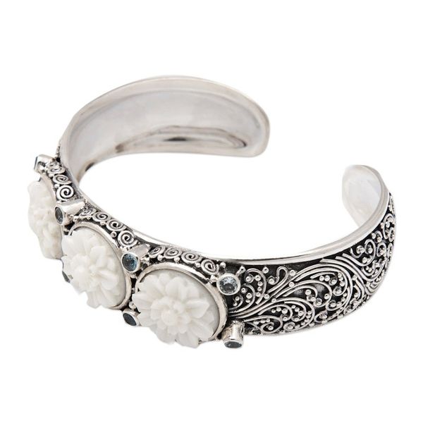 Alternate image for Lotus-Themed Sterling Silver and Blue Topaz Cuff Bracelet Loyal Lotus for Brahma