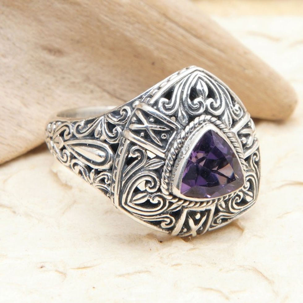 Sterling Silver Triangular Cocktail Ring with Amethyst Stone 'Beauty in Purple'