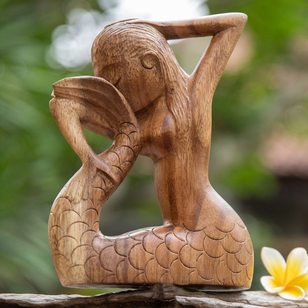 Hand-Carved Signed Wood Yoga Meditation Mermaid Sculpture 'Meditation Mermaid'