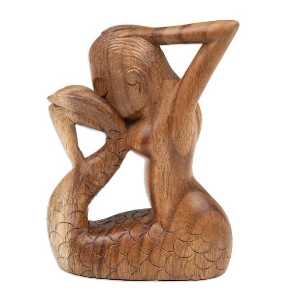 Alternate image for Hand-Carved Signed Wood Yoga Meditation Mermaid Sculpture Meditation Mermaid