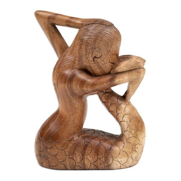 Alternate image for Hand-Carved Signed Wood Yoga Meditation Mermaid Sculpture Meditation Mermaid