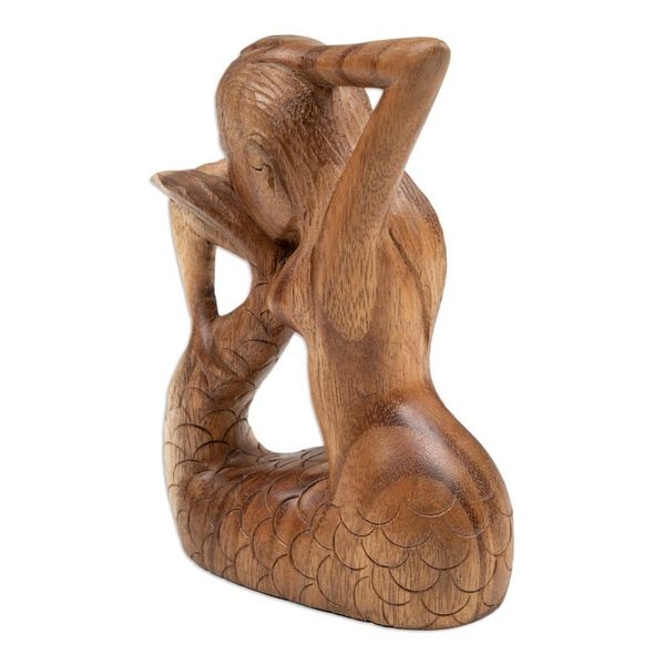Alternate image for Hand-Carved Signed Wood Yoga Meditation Mermaid Sculpture Meditation Mermaid