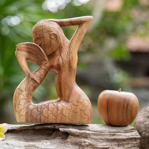 Alternate image for Hand-Carved Signed Wood Yoga Meditation Mermaid Sculpture Meditation Mermaid