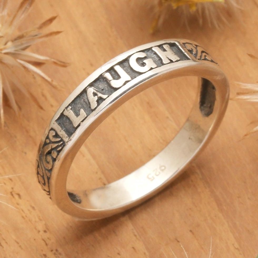 Inspirational Sterling Silver Band Ring with Darkened Accent 'Laugh'