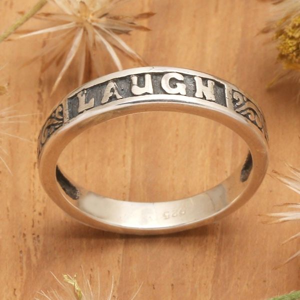 Alternate image for Inspirational Sterling Silver Band Ring with Darkened Accent Laugh
