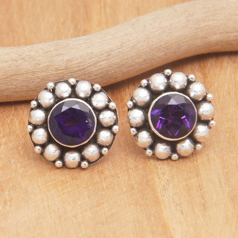 Amethyst Button Earrings with Sterling Silver Beads 'Purple Fancy Flower'
