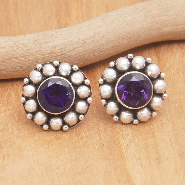 Alternate image for Amethyst Button Earrings with Sterling Silver Beads Purple Fancy Flower
