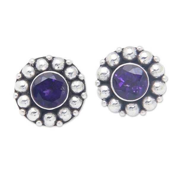 Alternate image for Amethyst Button Earrings with Sterling Silver Beads Purple Fancy Flower