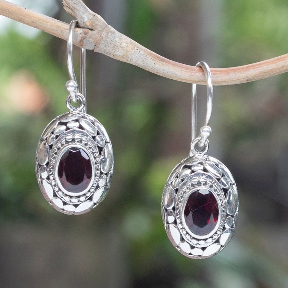 Sterling Silver Dangle Earrings with Oval Garnet Gemstones 'Wonderful Red'