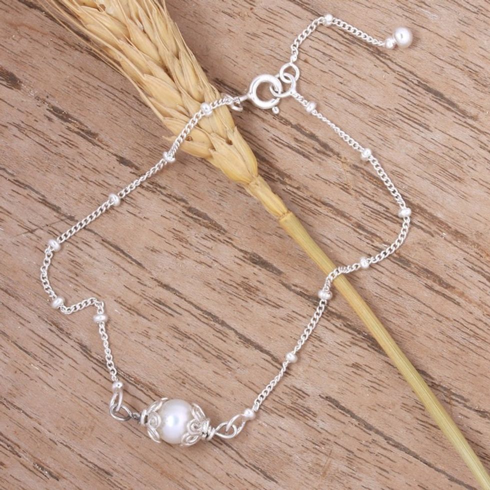 Polished Floral Grey Cultured Pearl Pendant Bracelet 'Only You Me'