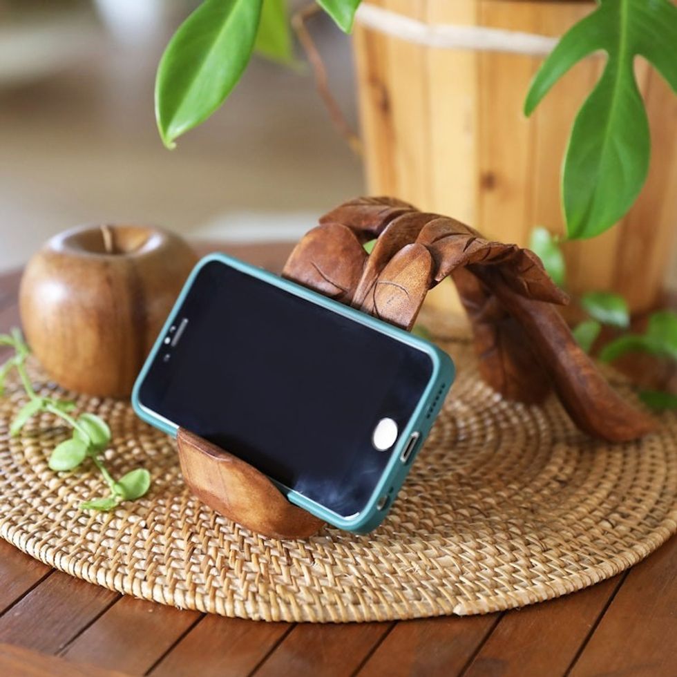Wood Phone Stand with Leaf Motif Hand-Carved in Bali 'Tropical Leaves'