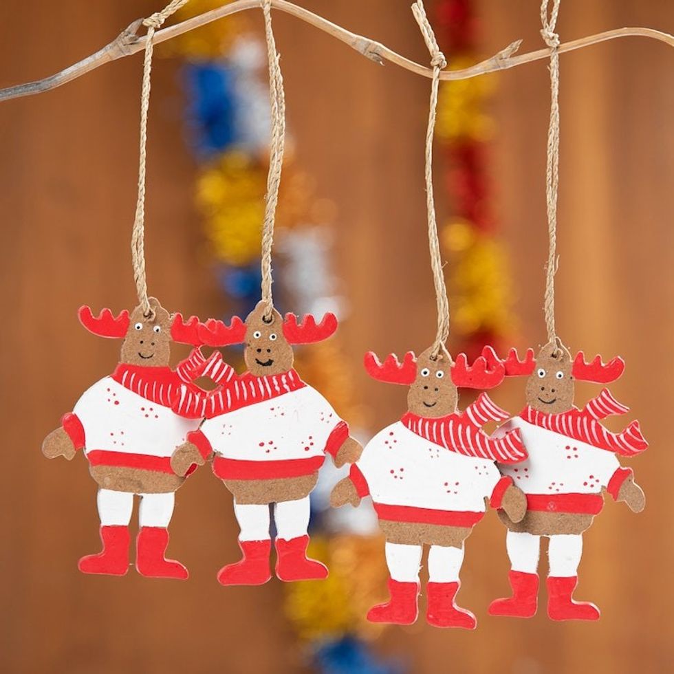 4 Hand-Painted Wood Moose Christmas Ornaments from Bali 'Smiley Moose'