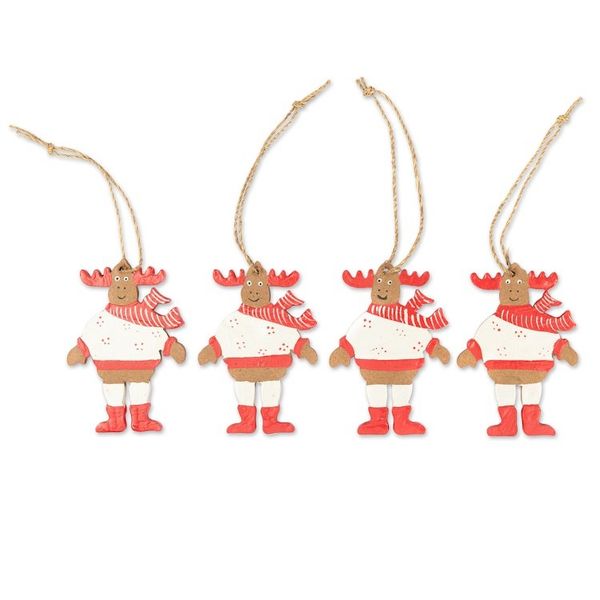 Alternate image for 4 Hand-Painted Wood Moose Christmas Ornaments from Bali Smiley Moose