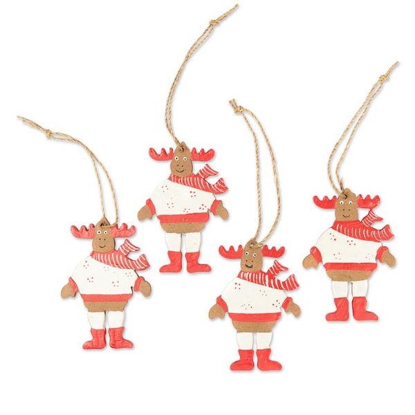 Alternate image for 4 Hand-Painted Wood Moose Christmas Ornaments from Bali Smiley Moose