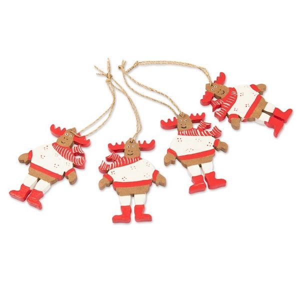 Alternate image for 4 Hand-Painted Wood Moose Christmas Ornaments from Bali Smiley Moose