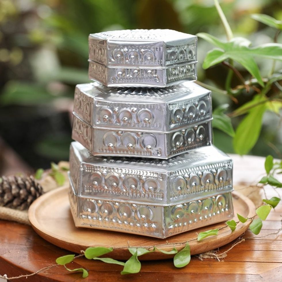 Set of 3 Repousse Hexagonal Aluminum Decorative Boxes 'Hexagonal Palace'