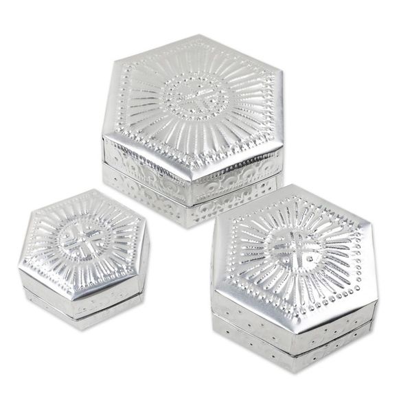 Alternate image for Set of 3 Repousse Hexagonal Aluminum Decorative Boxes Hexagonal Palace