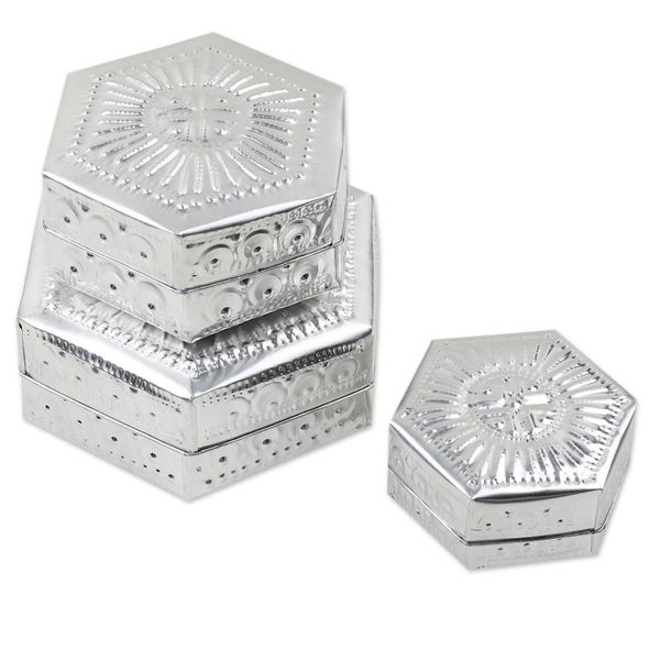 Alternate image for Set of 3 Repousse Hexagonal Aluminum Decorative Boxes Hexagonal Palace