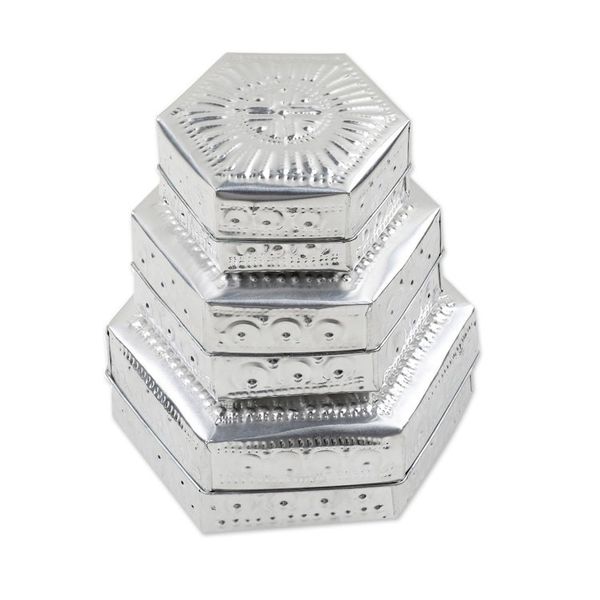 Alternate image for Set of 3 Repousse Hexagonal Aluminum Decorative Boxes Hexagonal Palace