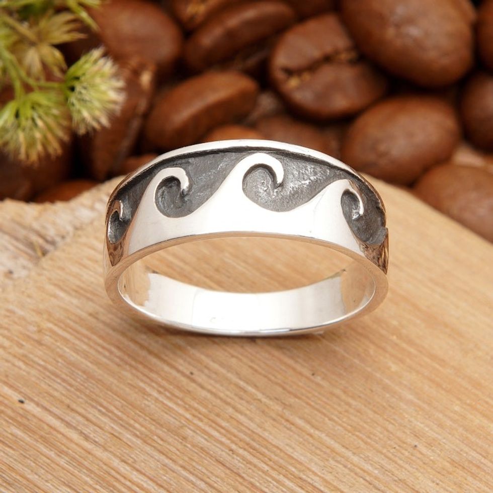 Men's Ocean-Themed Sterling Silver Band Ring from Bali 'Warrior's Sea'