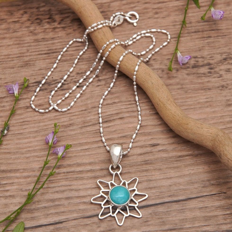 Sterling Silver Amazonite Chakra Flower Pendant Necklace 'Chakra Splendor'