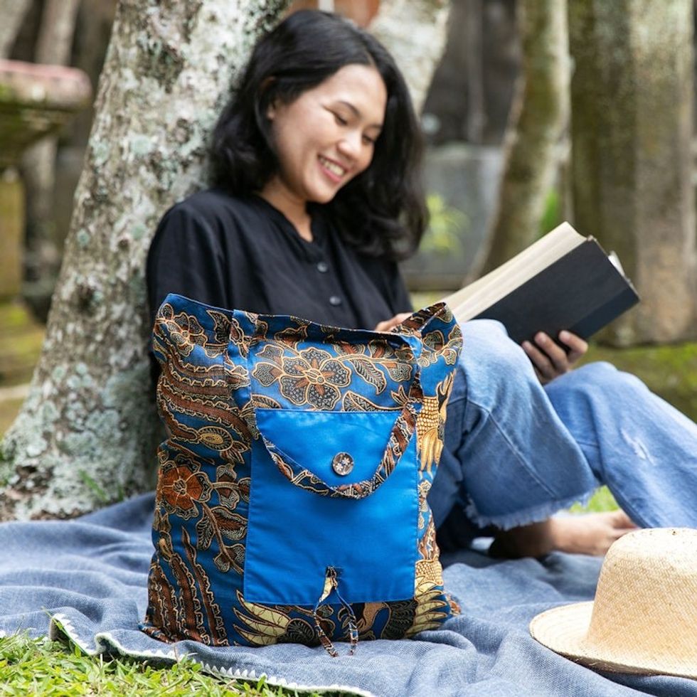 Cotton Foldable Tote Bag with Blue and Golden Batik Motifs 'Blitar's Waters'