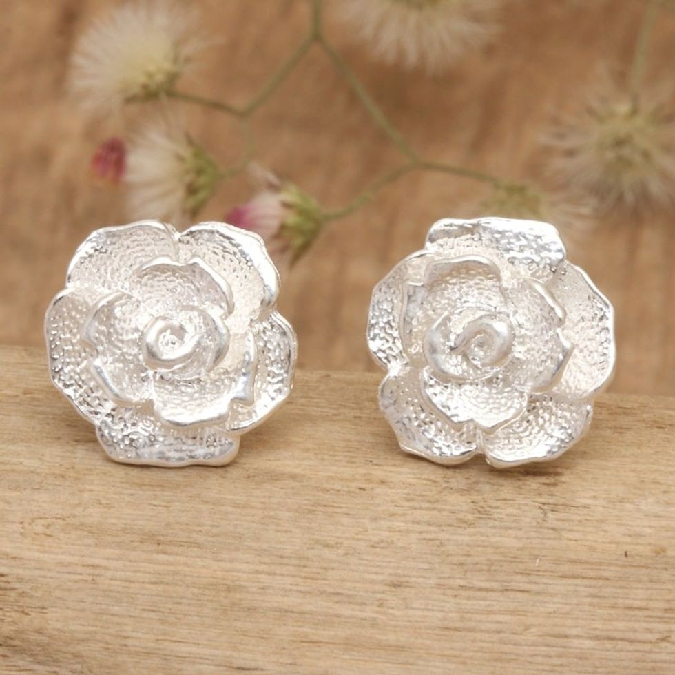 Sterling Silver Stud Earrings with Gardenia Flower Motif 'Gorgeous Gardenia'