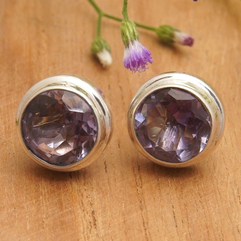 Polished Classic Sterling Silver Stud Earrings with Amethyst 'Purple Divine Feminineness'