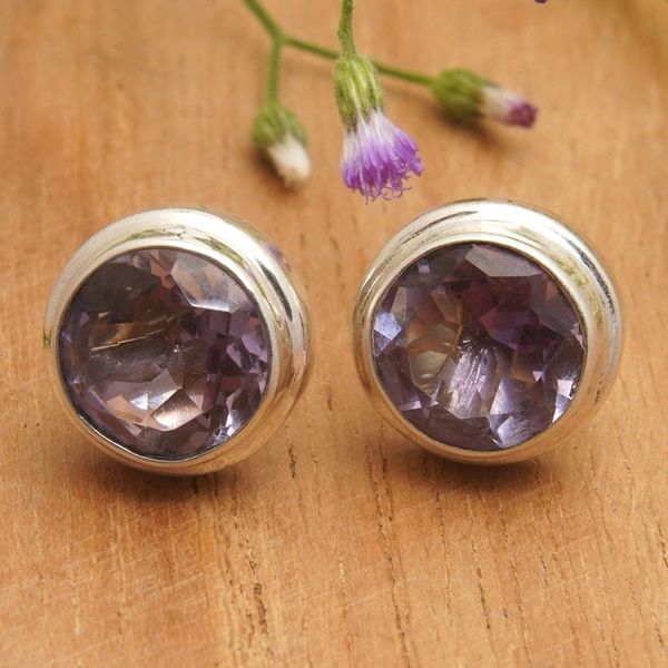 Alternate image for Polished Classic Sterling Silver Stud Earrings with Amethyst Purple Divine Feminineness