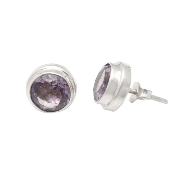 Alternate image for Polished Classic Sterling Silver Stud Earrings with Amethyst Purple Divine Feminineness