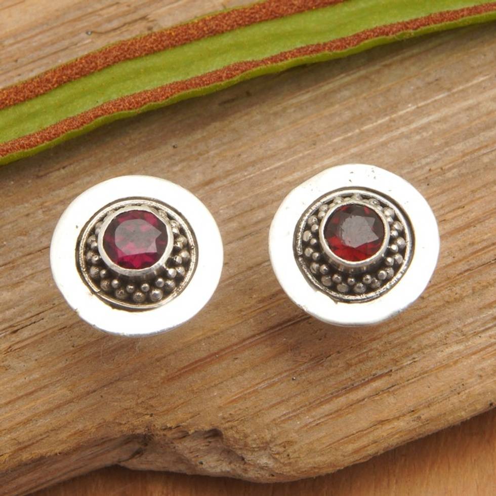 Sterling Silver Stud Earrings with Natural Garnet Jewels 'Passion Orbit'