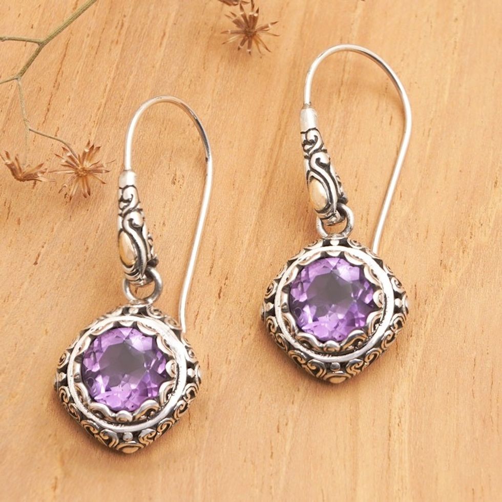 Gold-Accented Sterling Silver and Amethyst Dangle Earrings 'Trendy Purple'