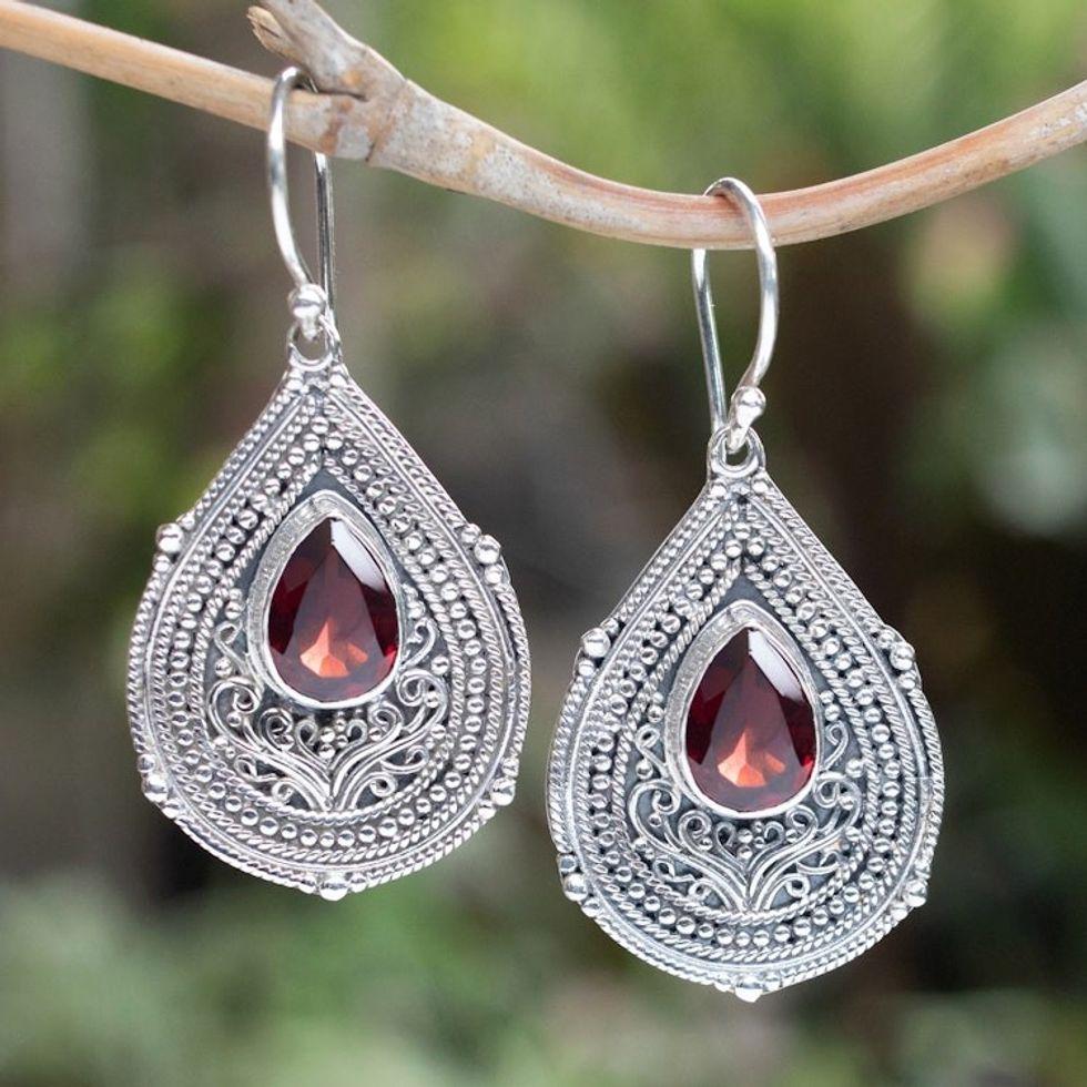Teardrop Sterling Silver Dangle Earrings with Garnet Stone 'Princess Palace in Red'