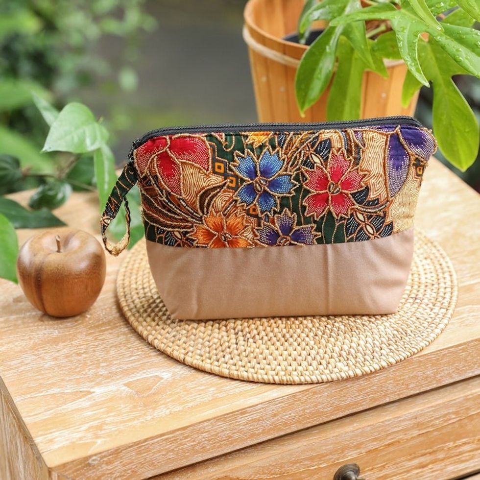 Embroidered Cotton Cosmetic Bag in Brown with Batik Motif 'Brown Blooming'