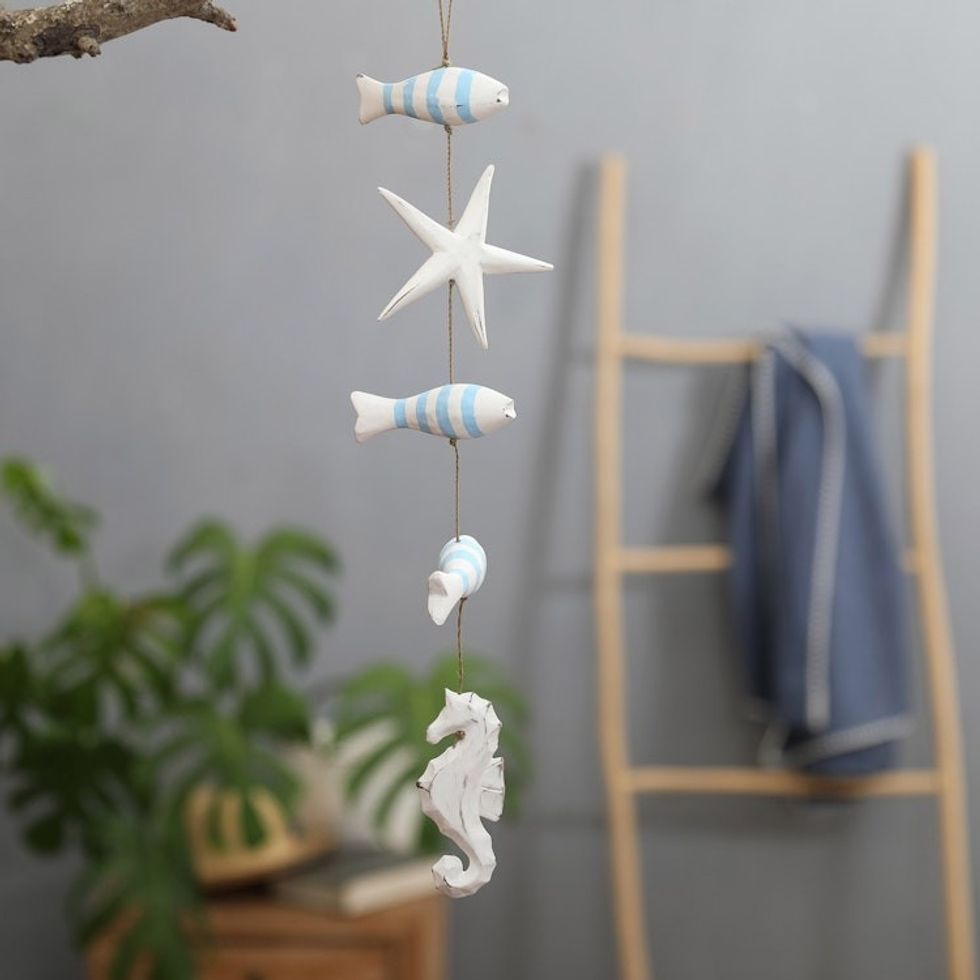 Hand-Carved Marine-Themed White and Blue Albesia Wood Mobile 'Aquatic Realm in Blue'