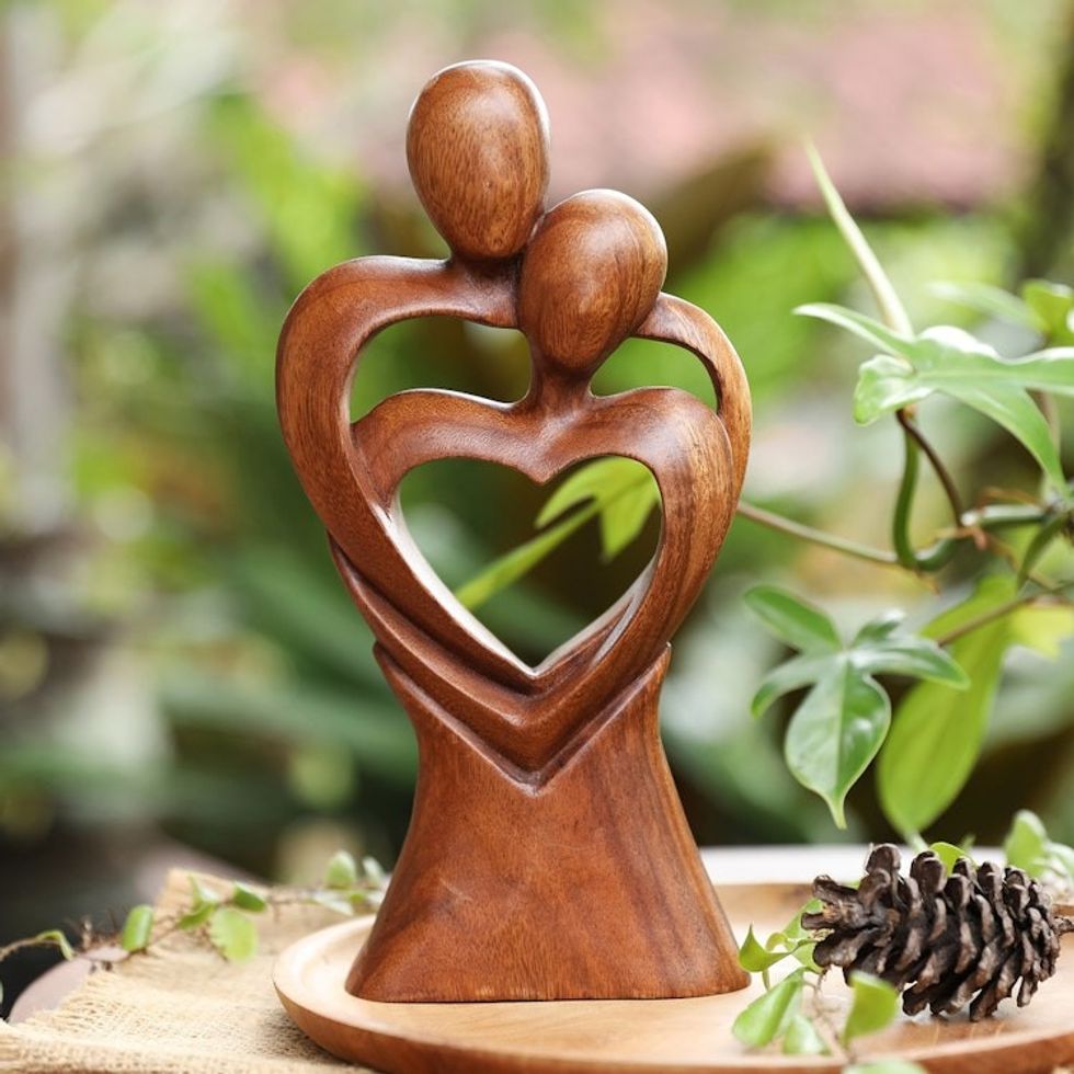 Hand-Carved Heart-Shaped Suar Wood Sculpture from Bali 'Morning Hugging'
